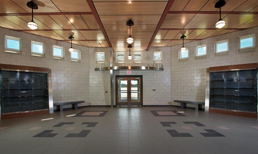 GRW provided A/E design services and managed the LEED documentation for the new LEED Silver-certified Ohio Army National Guard Joint Armed Forces Reserve Center (60,902 SF) and Field Maintenance Shop (24,963 SF) complex in Springfield, OH. The photo above shows the main entry space of the reserve center building, which serves both the Ohio Army National Guard and U.S. Army Reserves.